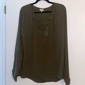 Olive green blouse with tie neckline
